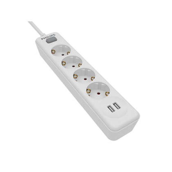 Regleta Alimentacion Philips Spn3042wa/10 Color Blanco 4 Tomas Schuko 2xusb 2.4a Cable Trenzado 2m Interruptor