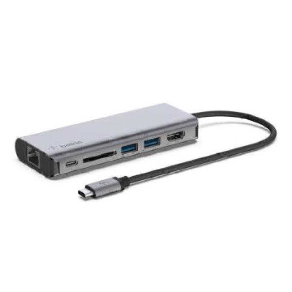 Adaptador Usb-c Belkin Avc008btsgy A 1xusb-c Pd 3.0 1xlector Sd 2xusb-a 3.0 1x1gb Rj45 Pd 100w Color Gris