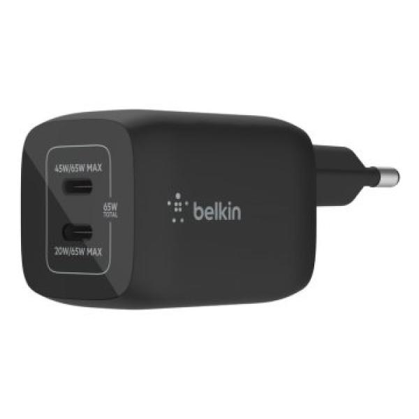 Cargador De Pared Belkin Wch013vfbk Doble Usb-c Gan Boost Charge Pro 65w (45w+20w) Negro