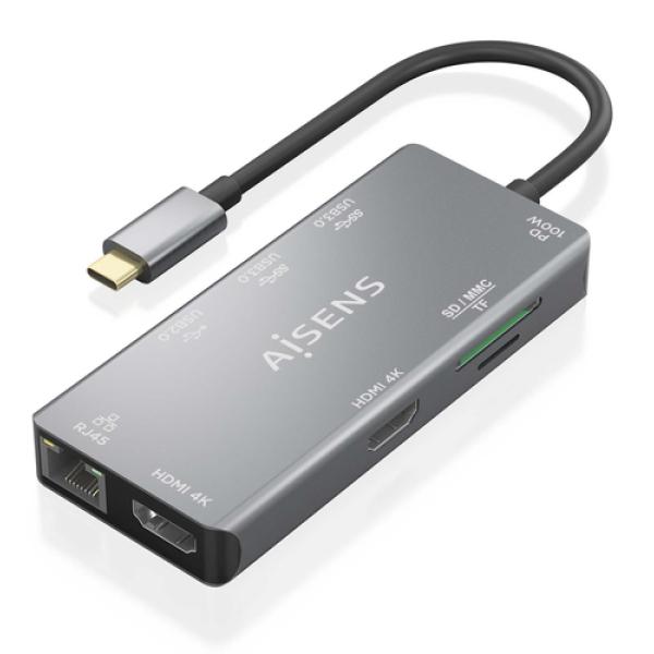 Docking USB Tipo-C Aisens ASUC-9P018-GR/ 2xHDMI/ 3xUSB/ 1xRJ45/ 1xLector Tarjetas/ 1xUSB Tipo-C PD/ Gris