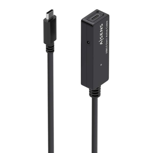 Cable Alargador USB 3.2 con Amplificador Aisens A107-0869/ USB Tipo-C Macho - USB Tipo-C Hembra/ Hasta 100W/ 20Gbps/ 5m/ Negro