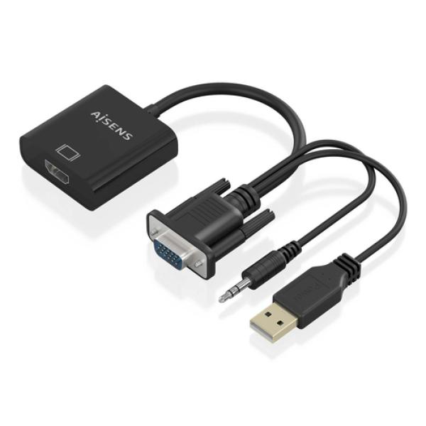 Cable Conversor Aisens A115-0872 SVGA Macho - USB Macho/ Jack Macho - HDMI Hembra/ 20cm/ Negro