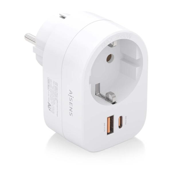 Enchufe Aisens ASPS-1A1C06-W/ 1 Toma de Corriente/ 1 USB Tipo-C PD/ 1 USB/ Blanco