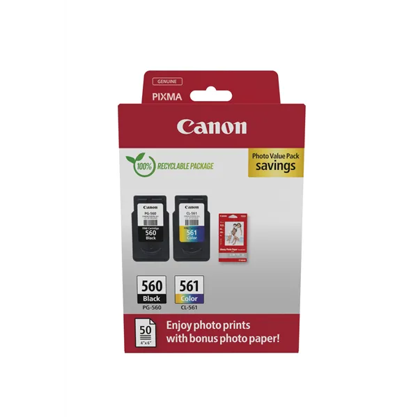 Cartucho de Tinta Original Canon PG-560 + CL-561 Multipack/ Negro/ Tricolor + Papel Fotográfico