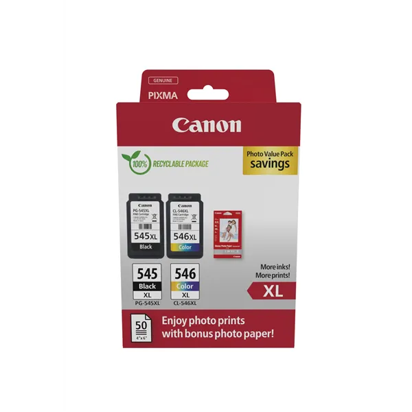 Cartucho de Tinta Original Canon PG-545XL + CL546XL Multipack Alta Capacidad/ Negro/ Tricolor + Papel Fotográfico