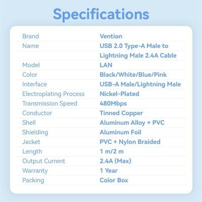 Cable USB 2.0 Lightning Vention LANSF/ USB Macho - Lightning