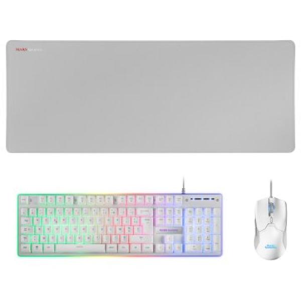 Pack Teclado Mouse Y Alfombrilla Mars Gaming Mcpx Frances White Telcado Hibrido H-mech Mouse Ultra Ligero 10k Y Alfombrilla X