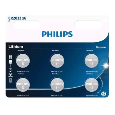 Pack de 6 Pilas de Botón Philips CR2032/ 3V