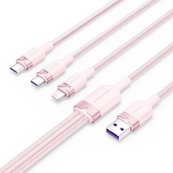 Cable USB 2.0 Lightning Vention CTRPG/ USB Macho/ USB Tipo-C Macho - MicroUSB Macho - Lightning Macho/ 1.5m/ Rosa