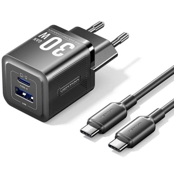 Cargador Gan de Pared Vention TZ-FEQB0-EU-01/ 1xUSB Tipo-C/ 1xUSB + Cable USB Tipo-C/ 30W