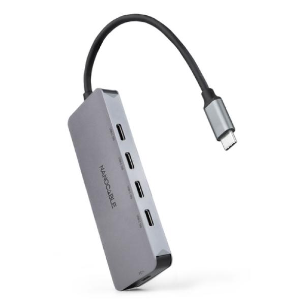 Hub USB Tipo-C Nanocable 10.16.4505/ 4xUSB Tipo-C/ 1xUSB Tipo-C DP/ Gris