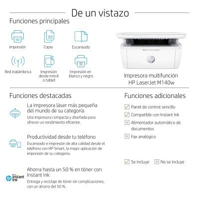 Multifunción Láser Monocromo HP LaserJet M140w/ WiFi/ Blanca