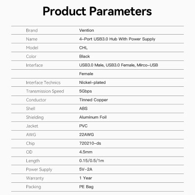 Hub USB 3.0 Vention CHLBD/ 4xUSB/ MicroUSB PD/ 50cm