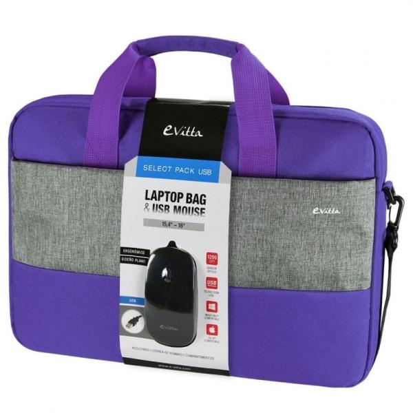 MALETÍN + RATÓN USB E-VITTA SELECT PACK PURPLE - PARA PORTÁTILES HASTA 15.4'-16'/ 39.1-40.6 CM - RATÓN 1200 DPI-INTERIOR ACOLCHA