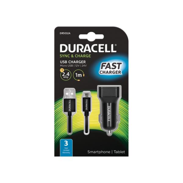 Cargador de Coche Duracell DR5032A/ USB + Cable MicroUSB/ 2.4A