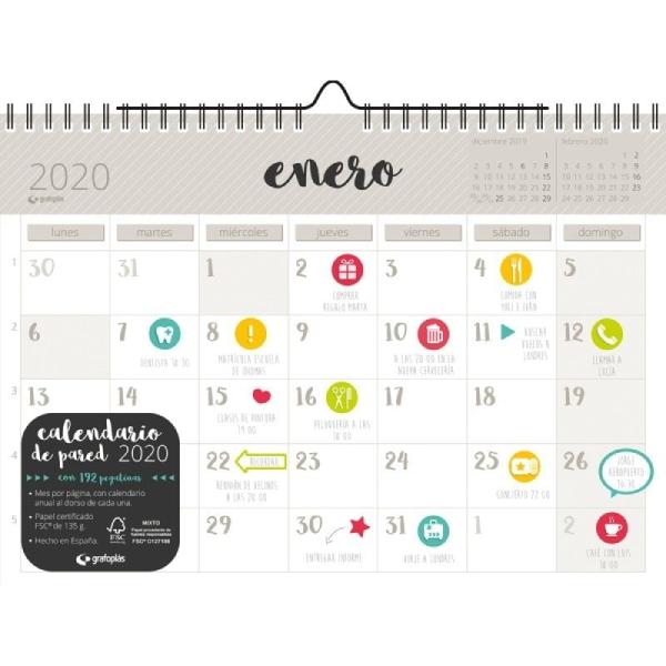 CALENDARIO DE PARED 2020 GRAFOPLAS 09112112  - DIN A-3 - MES PÁGINA - CALENDARIO ANUAL AL DORSO - 192 PEGATINAS - 135G/M2 - 297*