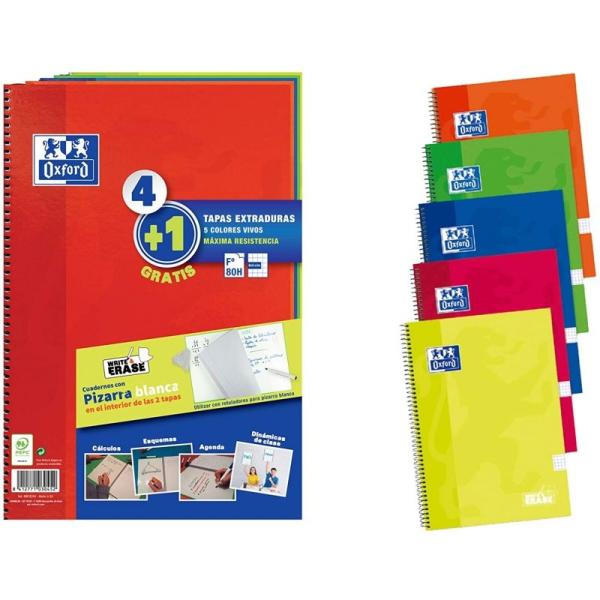 Cuadernos con Espiral Cuadriculados + Pizarras Blancas Oxford 400122761/ A4+/ 80 Hojas/ 5 unidades/ Verde/ Amarillo/ Naranja/ Az