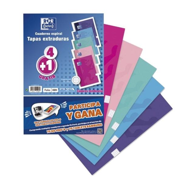 PACK 5 LIBRETAS OXFORD - FOLIO - TAPAS EXTRADURAS - ESPIRAL- 80 HOJAS- CUADRICULA 4X4 CON MARGEN- COLORES TENDENCIA