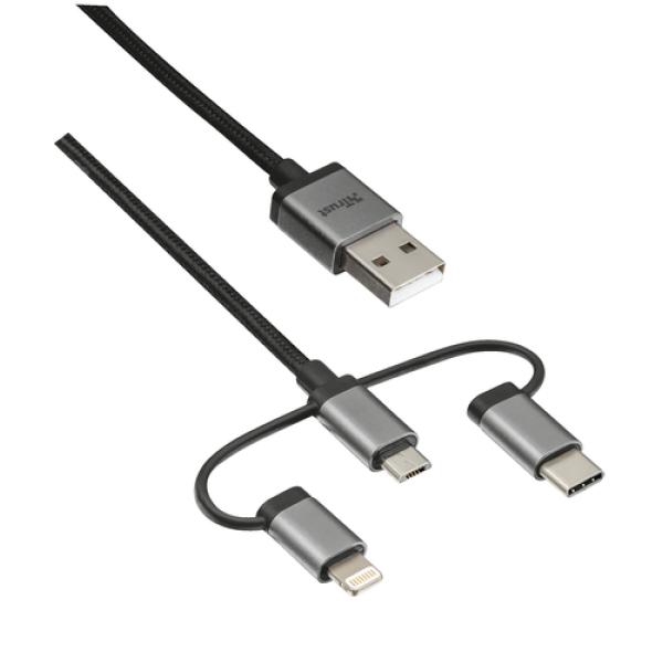 CABLE USB 3 EN 1 TRUST URBAN - CONECTORES MICRO USB / USB TIPO-C Y LIGHTNING - MAX.18W - 480MBPS - 1M