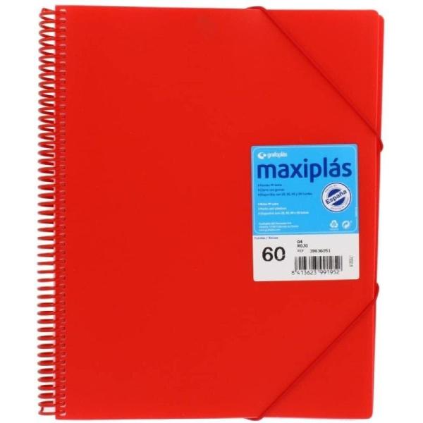 Carpeta con 60 Fundas Grafoplás Maxiplás 39836051/ A4/ Rojo