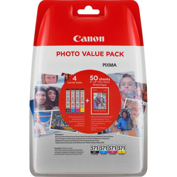 Cartucho de Tinta Original Canon CLI-571 Multipack/ Cian/ Magenta/ Amarillo/ Negro + Papel Fotográfico