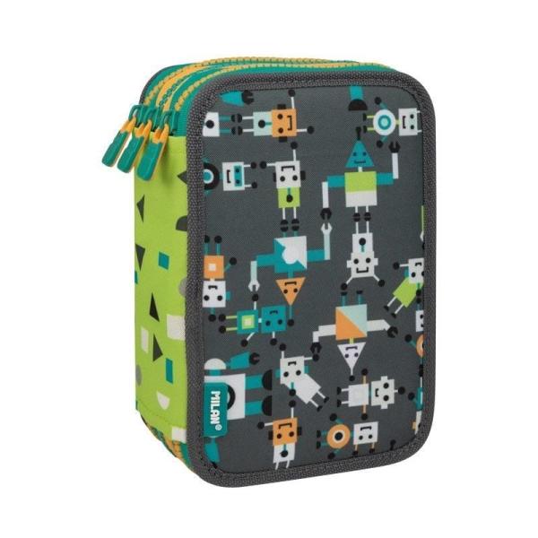 PLUMIER TRES PISOS CON CONTENIDO MILÁN HAPPY BOTS GRIS - GOMA - SACAPUNTAS - LÁPIZ - 3 BOLIS - TIJERAS - 5 MARCADORES - 10 PLAST