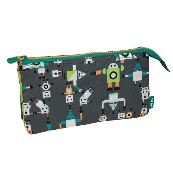 ESTUCHE PORTATODO MILÁN HAPPY BOTS GRIS - 5 COMPARTIMENTOS - 22*12*4CM