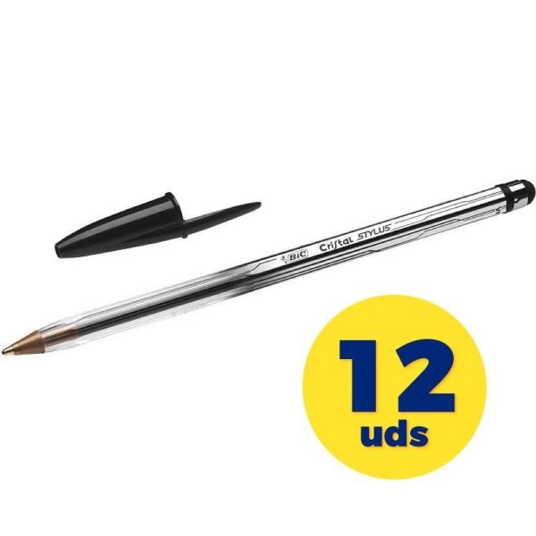 Caja de Bolígrafos de Tinta de Aceite Bic Cristal Stylus 902124 para Pantallas Táctiles/ 12 unidades/ Negros