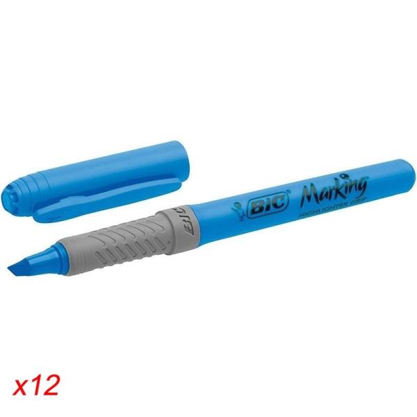 CAJA 12 UNIDADES MARCADOR FLUORESCENTE BIC HIGHLIGHTER GRIP AZUL - TINTA A BASE DE AGUA - PUNTA BISELADA - TRAZO 1.6MM MARCAR / 