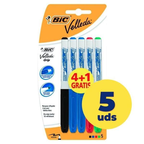 Rotulador Punta de Fibra Acrílica para Pizarra Bic Velleda Grip 875700/ 5 unidades/ Colores Surtidos