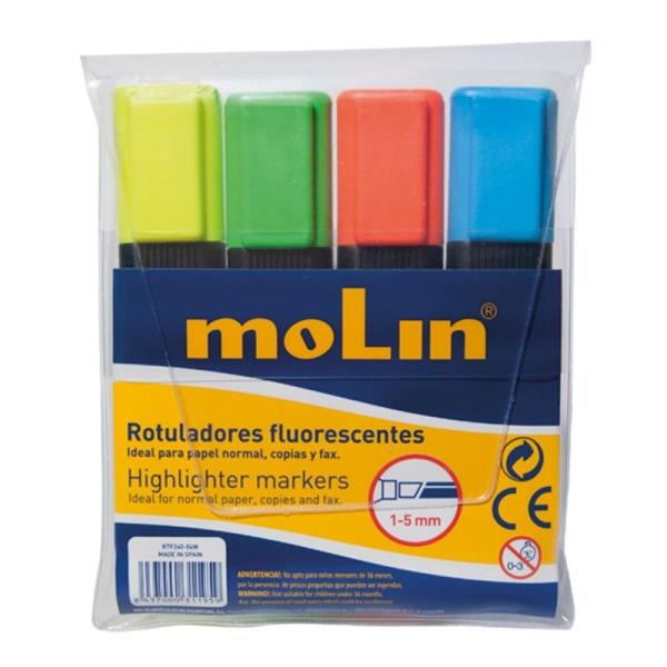 PAQUETE 4 MARCADORES FLUORESCENTES MOLIN COLORES SURTIDOS