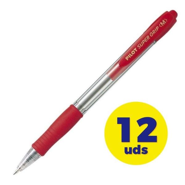 Caja de Bolígrafos de Tinta de Aceite Retráctil Pilot Super Grip M/ 12 unidades/ Rojos