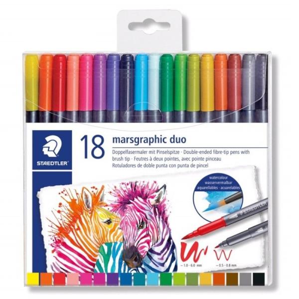 PAQUETE 18 ROTULADORES STAEDTLER MARSGRAPHIC DÚO - DOBLE PUNTA ROTULADOR/PINCEL - COLORES SURTIDOS