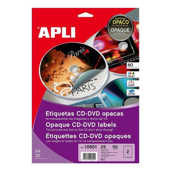 Etiquetas Adhesivas para CD/DVD Apli 10601/ 117 x 18mm/ 25 Hojas