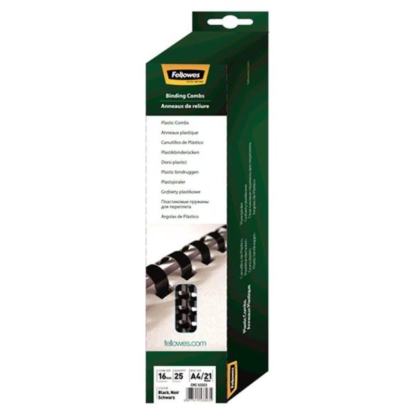 Pack de 25 Canutillos de Plástico para Encuadernación Fellowes 5332302/ 16mm/ Negro