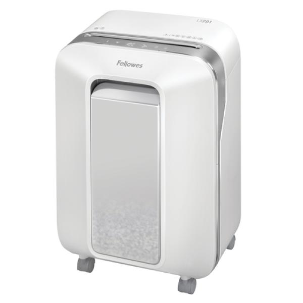 DESTRUCTORA FELLOWES LX201 BLANCA - CORTE EN PARTÍCULAS 2*12MM - PAPELERA CAPACIDAD 22L - SEGURIDAD P-5 - DESTRUYE GRAPAS/T.CRED