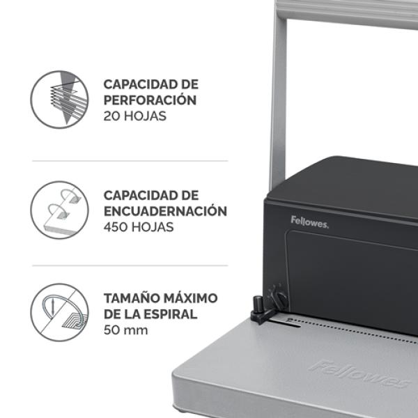 ENCUADERNADORA FELLOWES 0030103 METAL 100+ - PERFORA HASTA 20 HOJAS A4 80GR - ENCUADERNA HASTA 450 HOJAS CON ESPIRAL 50MM - PALA