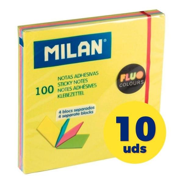 Caja de Notas Adhesivas Milan 4151NE100/ 7.6 x 7.6cm/ 10 unidades/ 4 Colores Fluo