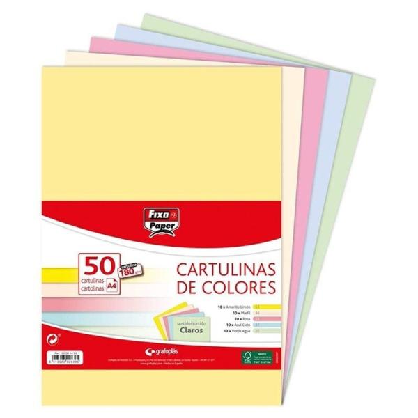 Pack 50 Cartulinas Grafoplás 00001493/ DIN A4/ 180g/ 4 Colores Claros