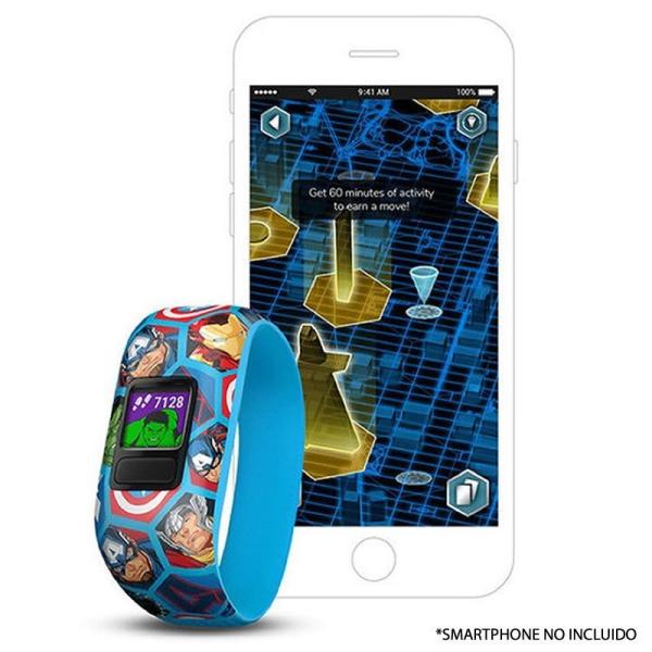 PULSERA CUANTIFICADORA INFANTIL GARMIN VIVOFIT JR 2 AVENGERS - PANTALLA COLOR - BT - BATERÍA HASTA 1 AÑO - COMP. ANDROID/IPHONE 