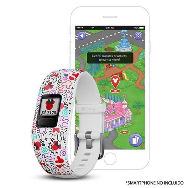 PULSERA CUANTIFICADORA INFANTIL GARMIN VIVOFIT JR 2 MINNIE MOUSE BLANCO - PANTALLA COLOR - BT - BATERÍA HASTA 1 AÑO - COMP. ANDR