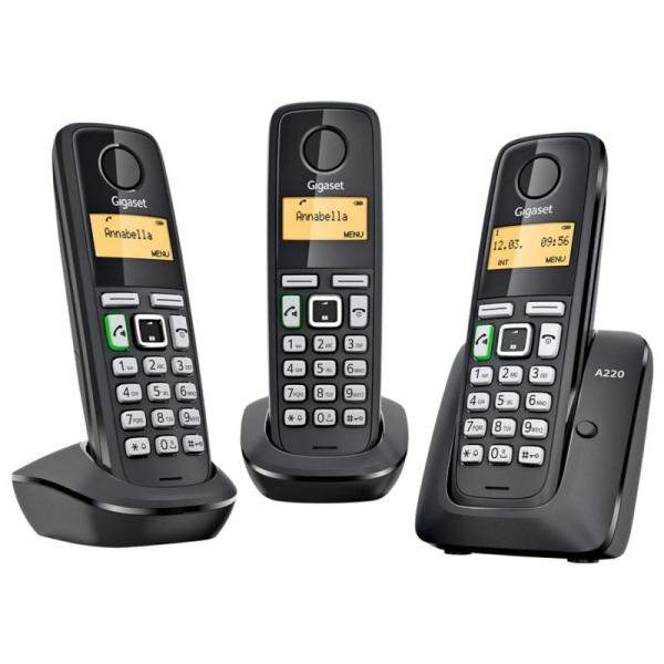 TELÉFONO DECT GIGASET A220 PACK TRÍO (BASE+2 SUPLETORIOS) - MANOS LIBRES - AGENDA 80 CONTACTOS - LLAMADAS INTERNAS - BATERÍAS 2X