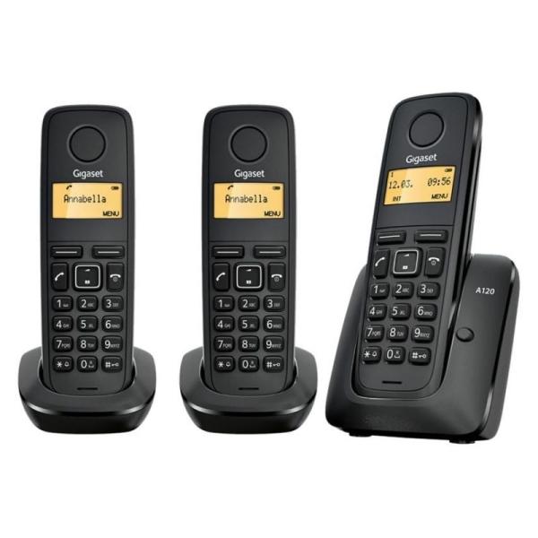 TELÉFONO DECT SIEMENS GIGASET A120 PACK TRÍO (BASE+2 SUP) - NEGRO - ID. LLAM./ DISP. ILUM. / 50 REG. / ECO DECT / BATERÍAS AAA