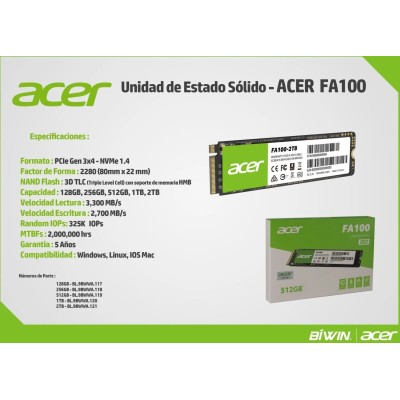 Acer FA100 SSD NVMe 1TB a 3300MB/s PCIe 3.0 M.2 2280