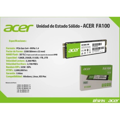 Acer FA100 SSD NVMe 256GB a 1950MB/s PCIe 3.0 M.2 2280