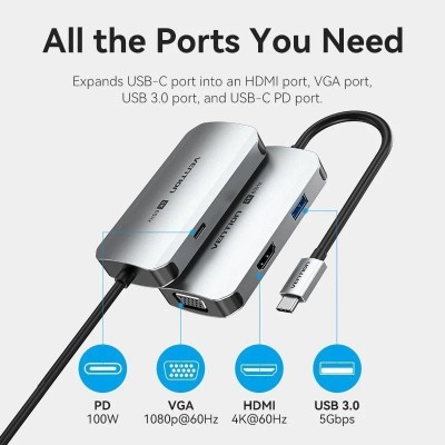 Docking USB Tipo-C Vention TQAHB/ 1xHDMI/ 1xUSB/ 1xVGA/ 1xUSB