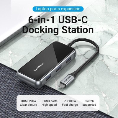 Docking USB Tipo-C Vention TFJHB/ 1xHDMI 4K/ 3xUSB/ 1xVGA/