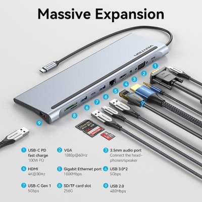 Docking USB Tipo-C Vention THTHC/ 1xHDMI/ 1xVGA/ 3xUSB/ 1xUSB