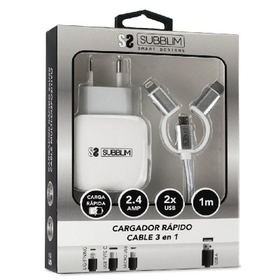 Cargador de Pared Subblim SUB-CHG-1ZWC01/ 2xUSB + Cable 3 en 1/