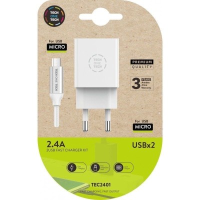 Cargador de Pared Tech One Tech TEC2401/ 2xUSB + Cable Micro